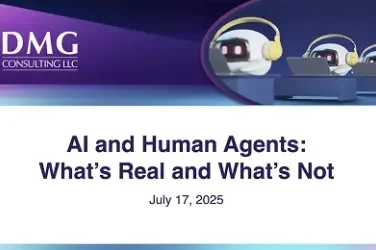 Presentation slide titled "AI and Human Agents: What's Real and What's Not" with a date.