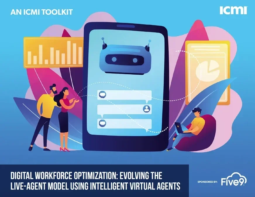 A color graphic of a man and woman looking at a large tablet showing metrics