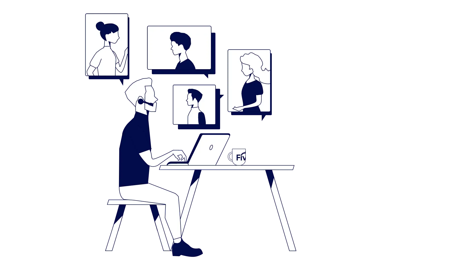 A blue and white graphic of a man in a headset sitting at a laptop