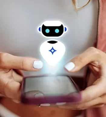 A person holds a smartphone with a glowing robot graphic above it.